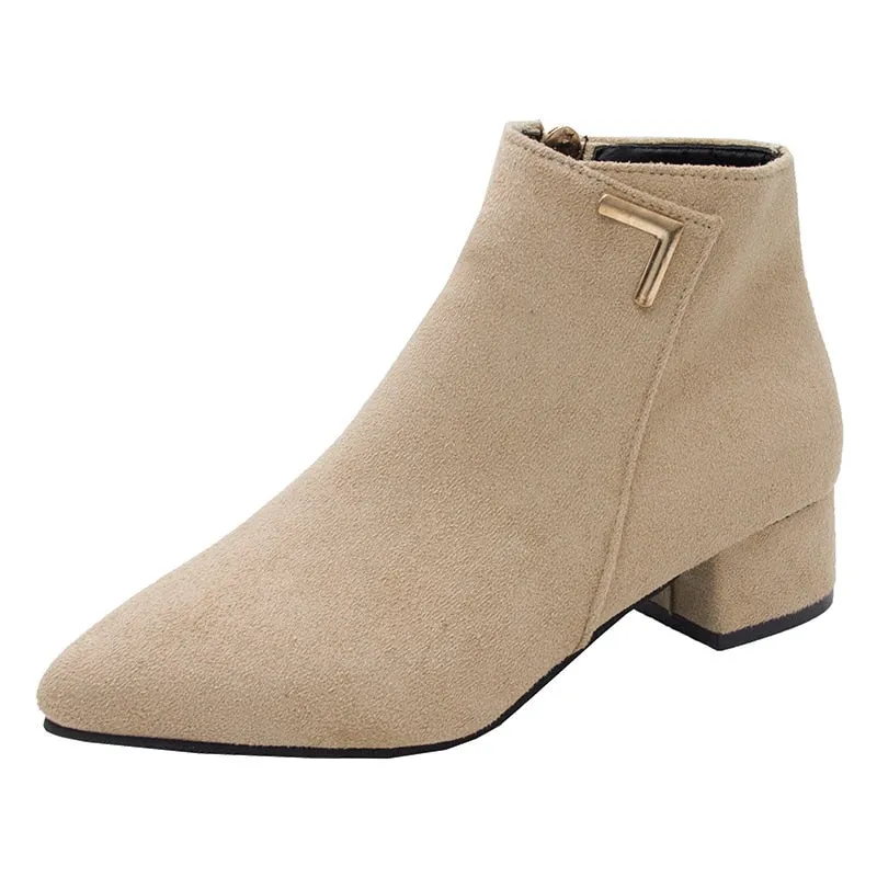 Amozae  2022 Fashion Women Boots Casual Leather Low High Heels Spring Shoes Woman Pointed Toe Rubber Ankle Boots Black Red Zapatos Mujer