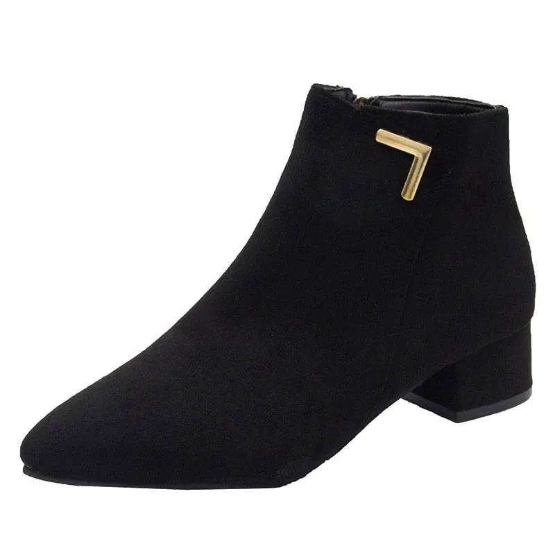 Amozae  2022 Fashion Women Boots Casual Leather Low High Heels Spring Shoes Woman Pointed Toe Rubber Ankle Boots Black Red Zapatos Mujer