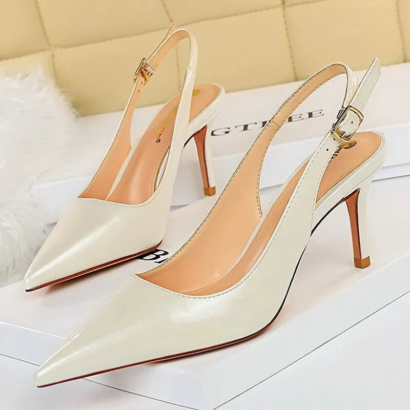 Amozae-2024 Women 7cm 9.5cm High Heels Yellow Sandals Lady Leather Stripper Slingback Sandles Wedding Bridal Party Shoes Large Size 43