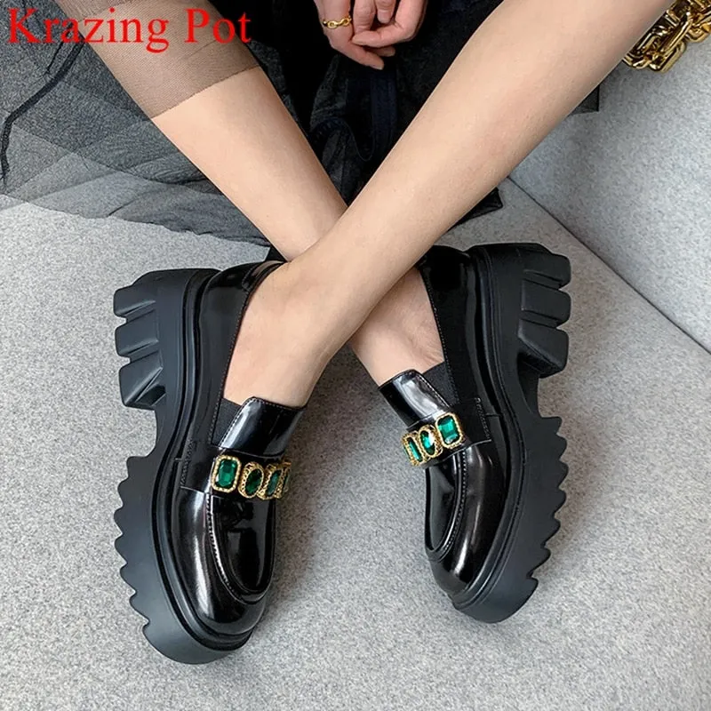 Amozae-Back to College Krazing Pot big size cow leather rhineston platform high heels casual shoes spring loafer elegant dress increasing women pumps