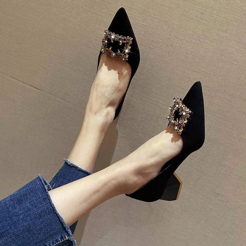 Amozae- Blue Pointed Toe Rhinestones Basic Pumps Crystal Diamond Buckle Work Fashion   High Heels Shoes Woman Zapatilla Mujer
