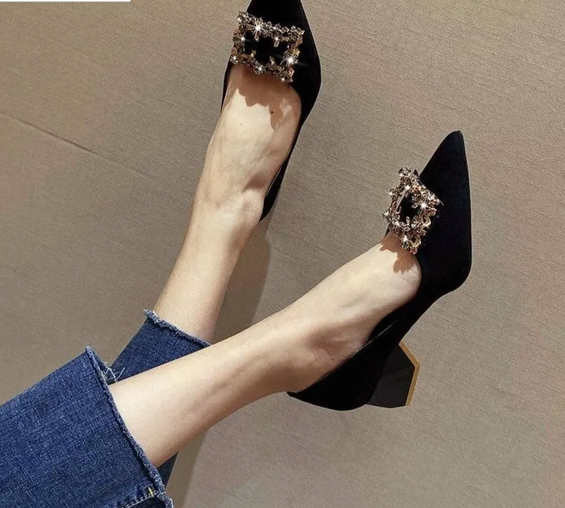 Amozae- Blue Pointed Toe Rhinestones Basic Pumps Crystal Diamond Buckle Work Fashion   High Heels Shoes Woman Zapatilla Mujer