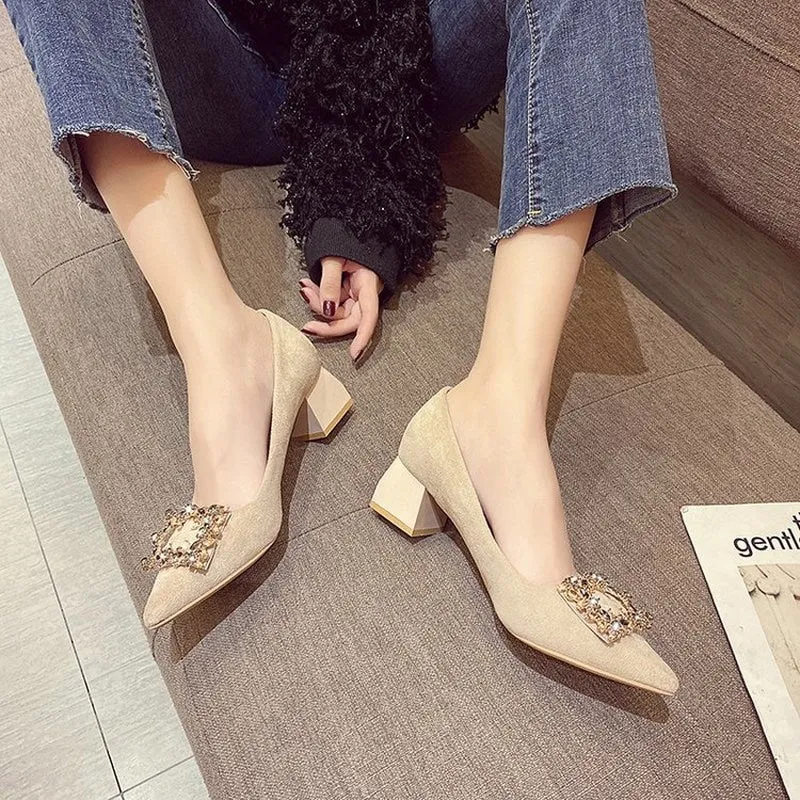 Amozae- Blue Pointed Toe Rhinestones Basic Pumps Crystal Diamond Buckle Work Fashion   High Heels Shoes Woman Zapatilla Mujer