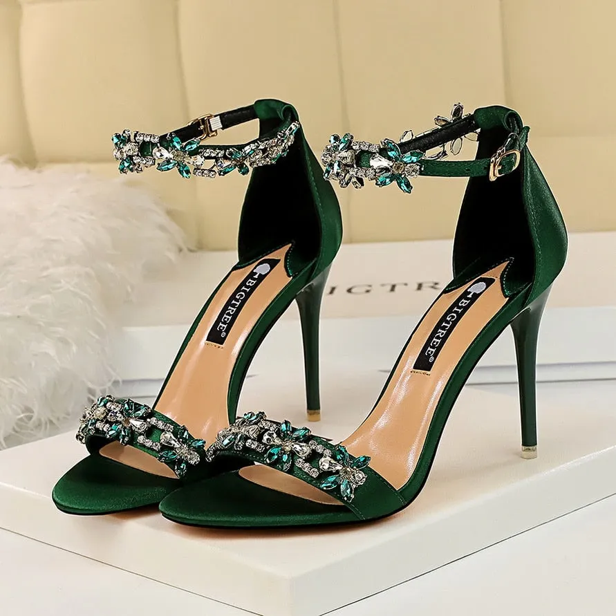 Amozae-    Women 9cm High Heels Crystal Sandals Wedding Bridal Stiletto Heels Sandles Glitter Prom Elegant Stripper Satin Strap Shoes