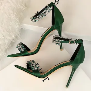 Amozae-    Women 9cm High Heels Crystal Sandals Wedding Bridal Stiletto Heels Sandles Glitter Prom Elegant Stripper Satin Strap Shoes