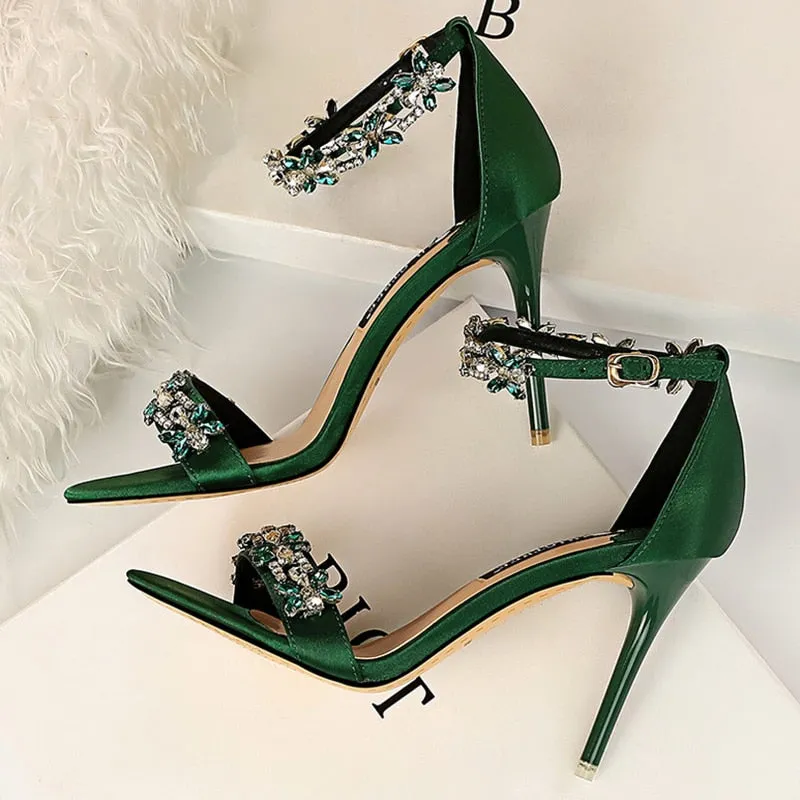 Amozae-    Women 9cm High Heels Crystal Sandals Wedding Bridal Stiletto Heels Sandles Glitter Prom Elegant Stripper Satin Strap Shoes