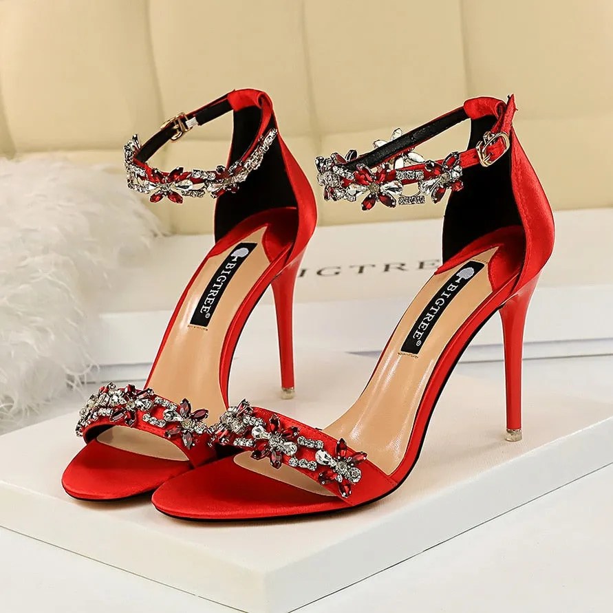 Amozae-    Women 9cm High Heels Crystal Sandals Wedding Bridal Stiletto Heels Sandles Glitter Prom Elegant Stripper Satin Strap Shoes