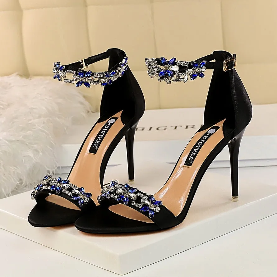 Amozae-    Women 9cm High Heels Crystal Sandals Wedding Bridal Stiletto Heels Sandles Glitter Prom Elegant Stripper Satin Strap Shoes