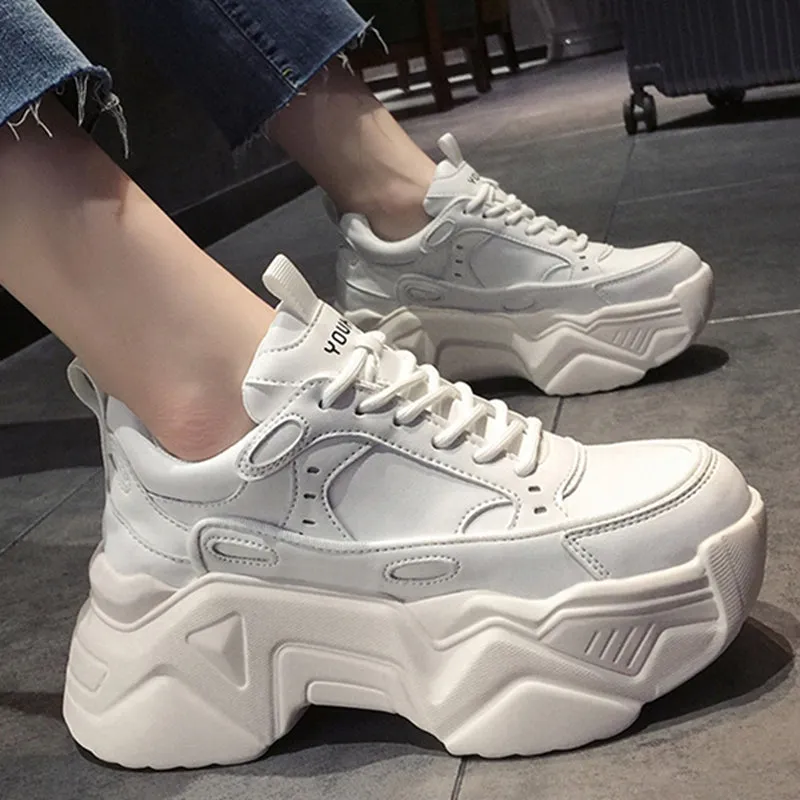Amozae- Women Platform Sneakers Leather Casual Ladies Chunky Shoes White Woman High Black Fashion Brand Thick soled Wedge Sneakers