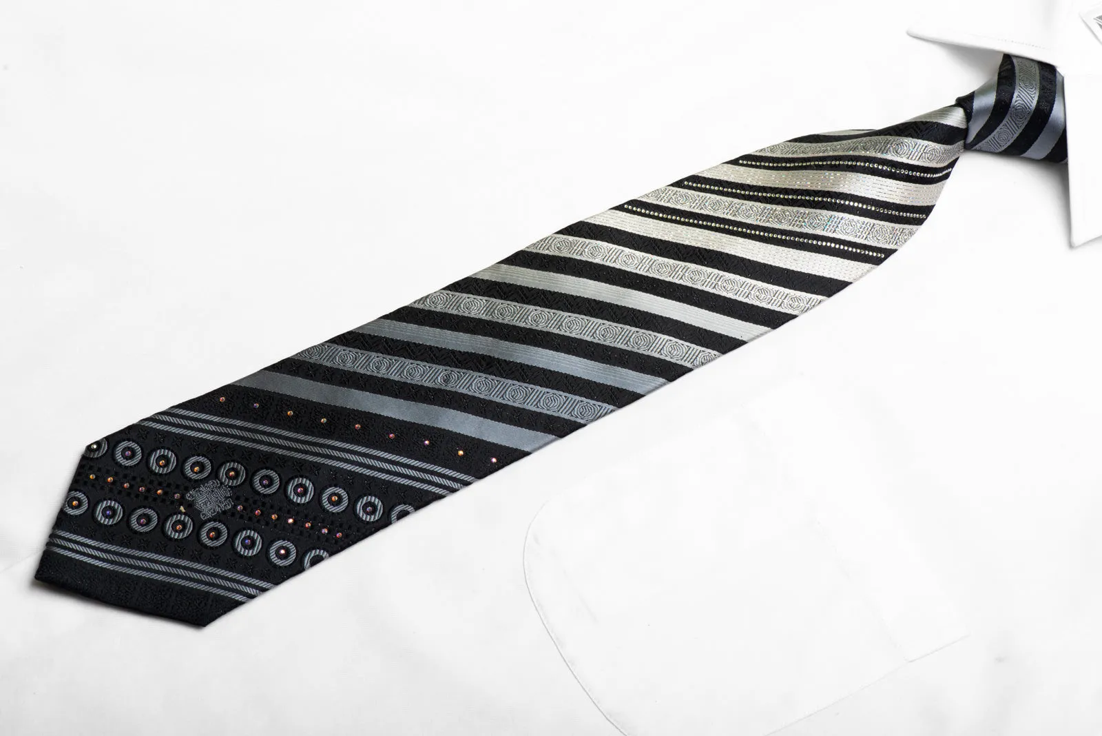 Aquascutum Rhinestone Silk Necktie Silver Striped On Black With Sparkles
