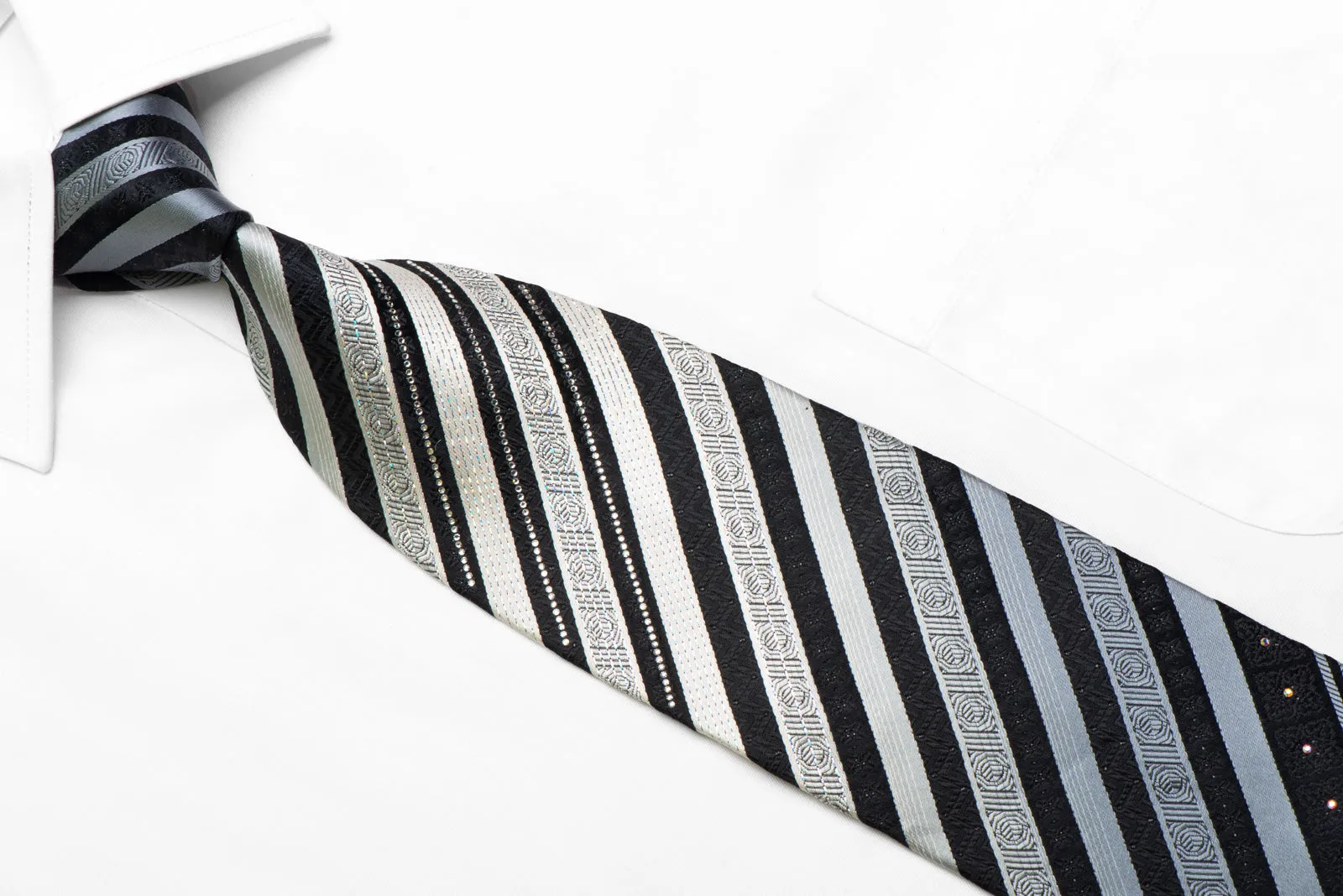 Aquascutum Rhinestone Silk Necktie Silver Striped On Black With Sparkles