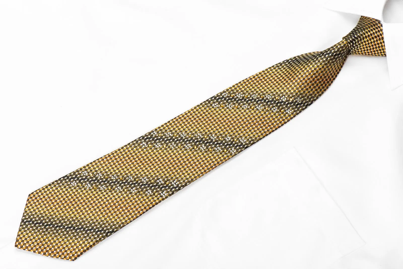 Avolio Men's Crystal Rhinestone Silk Tie Yellow Black Gray Checkered With Gold Sparkles