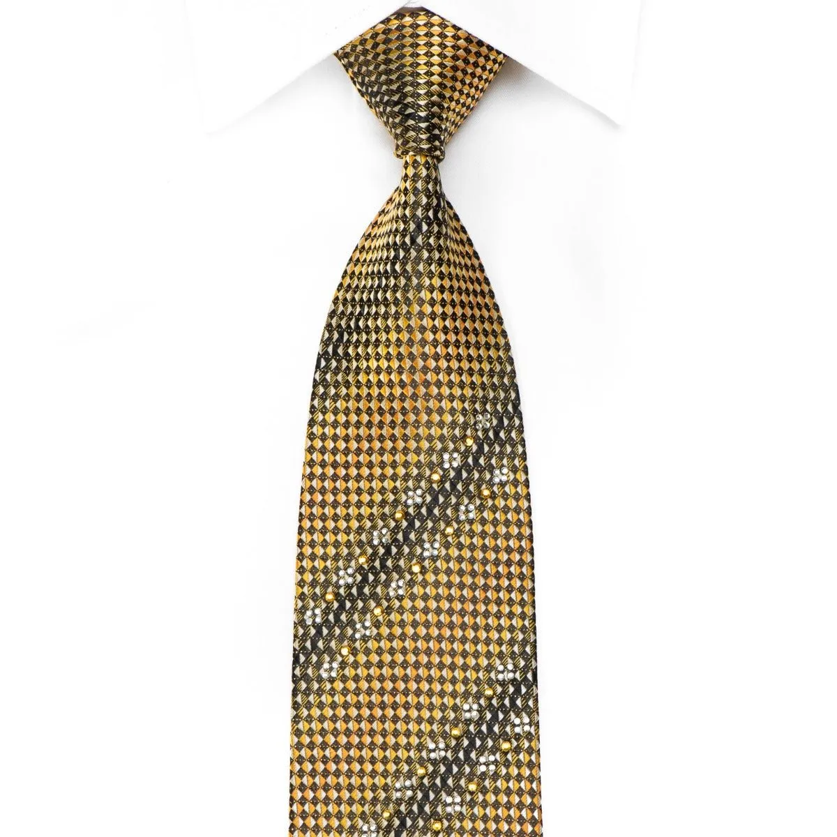 Avolio Men's Crystal Rhinestone Silk Tie Yellow Black Gray Checkered With Gold Sparkles