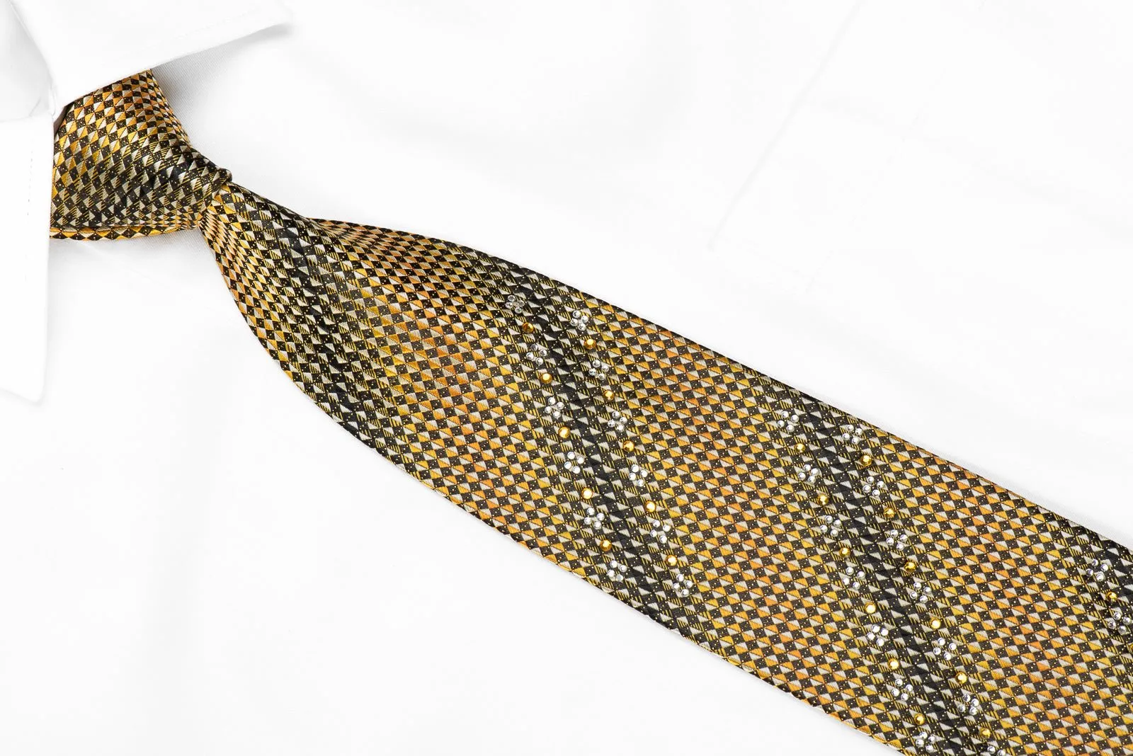 Avolio Men's Crystal Rhinestone Silk Tie Yellow Black Gray Checkered With Gold Sparkles