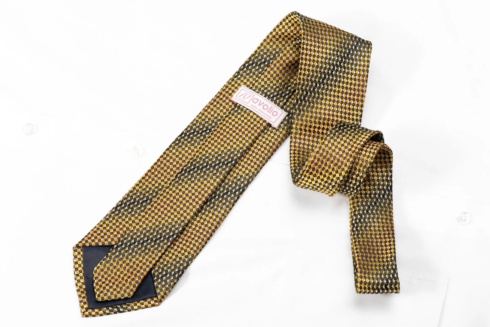 Avolio Men's Crystal Rhinestone Silk Tie Yellow Black Gray Checkered With Gold Sparkles