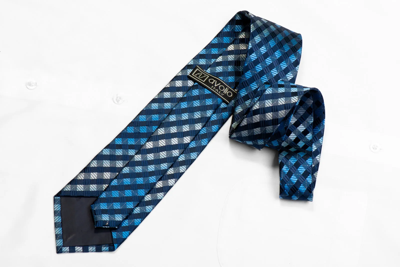 Avolio Rhinestone Silk Necktie Blue Checkered With Silver Sparkles