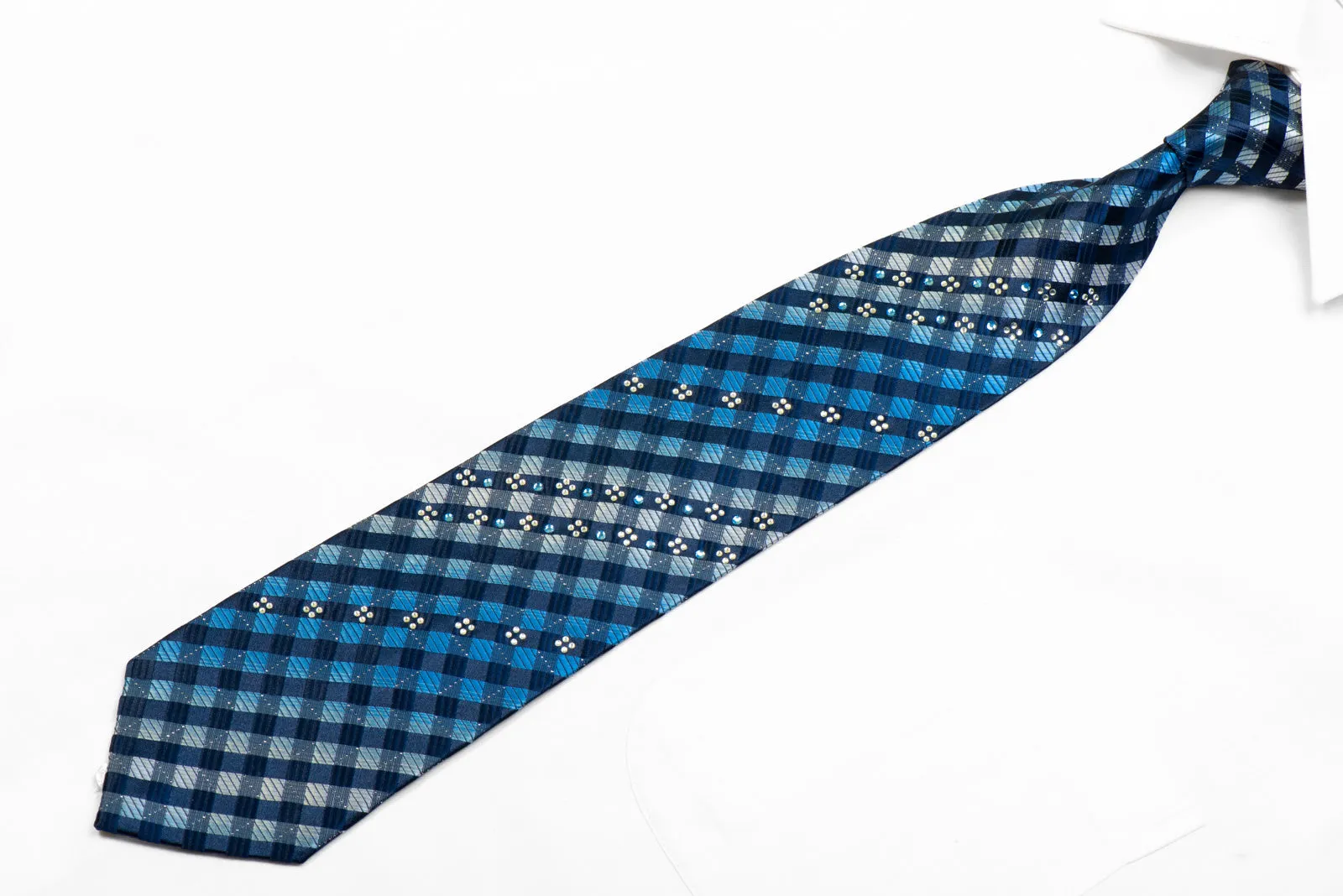 Avolio Rhinestone Silk Necktie Blue Checkered With Silver Sparkles