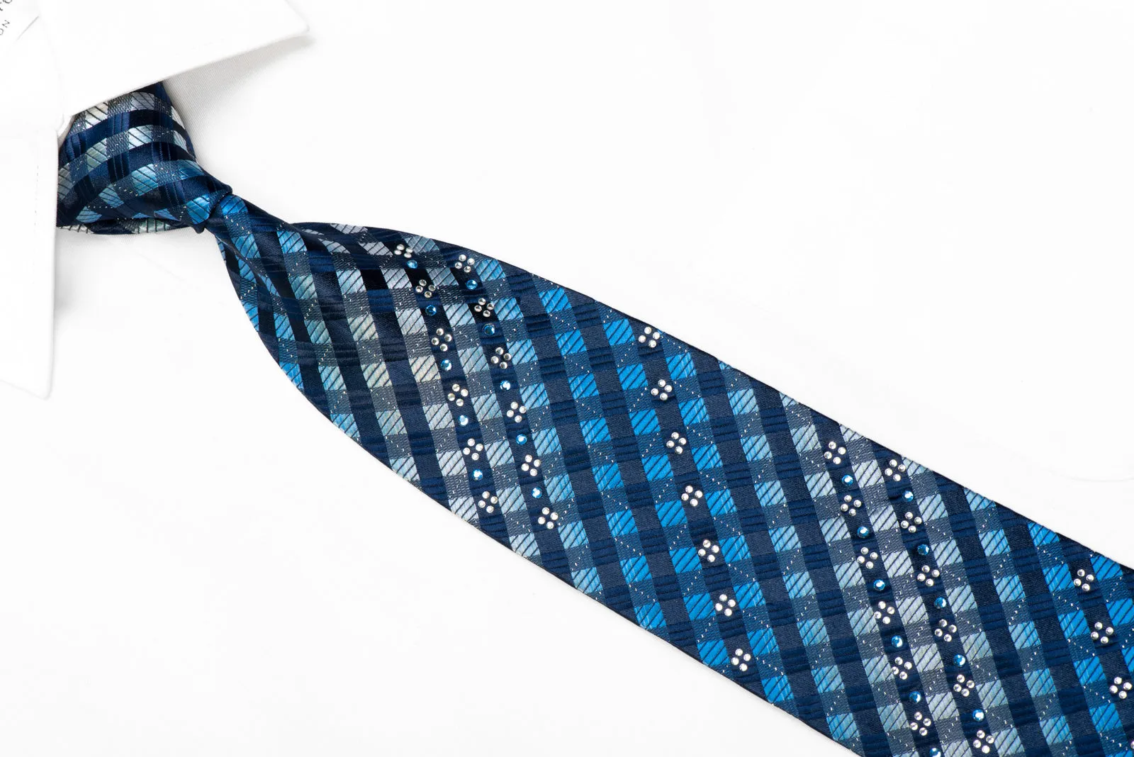 Avolio Rhinestone Silk Necktie Blue Checkered With Silver Sparkles
