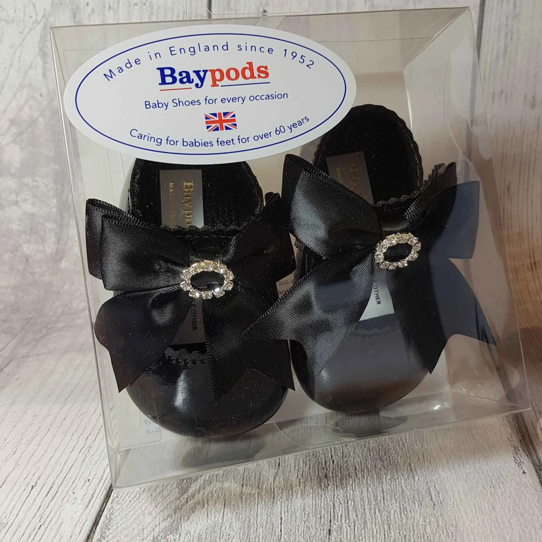Baby Girl Black Shoes - Large Satin Bow with Diamante