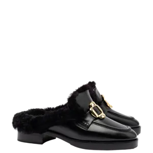 Bobbie Mule In Black Leather and Black Shearling Larroudé