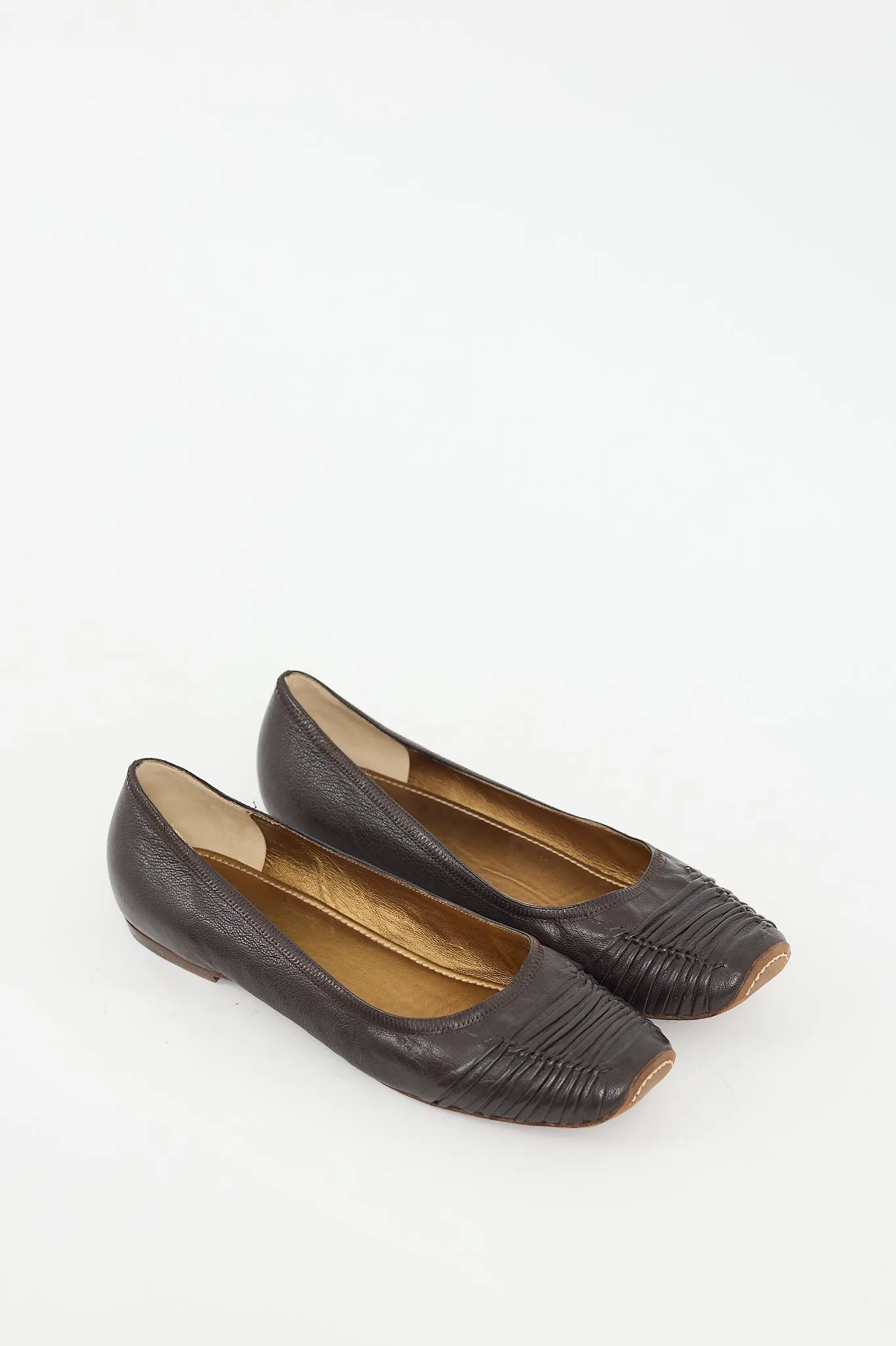 Brown Leather Ruched Flat