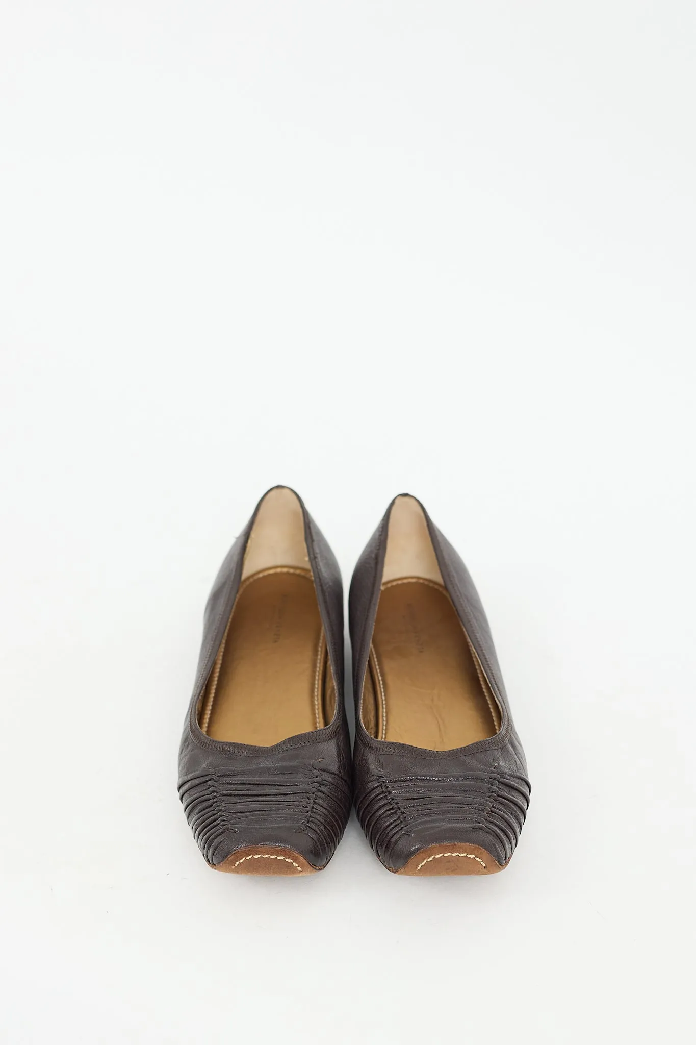 Brown Leather Ruched Flat