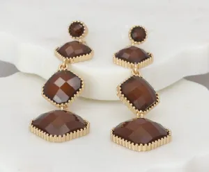 Brown stone quad-element earrings with beaded-gold outline