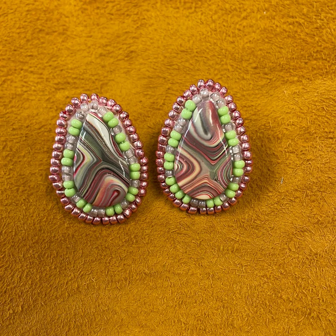 Cabochon Pink and Green Marble Swirl Beaded Earrings
