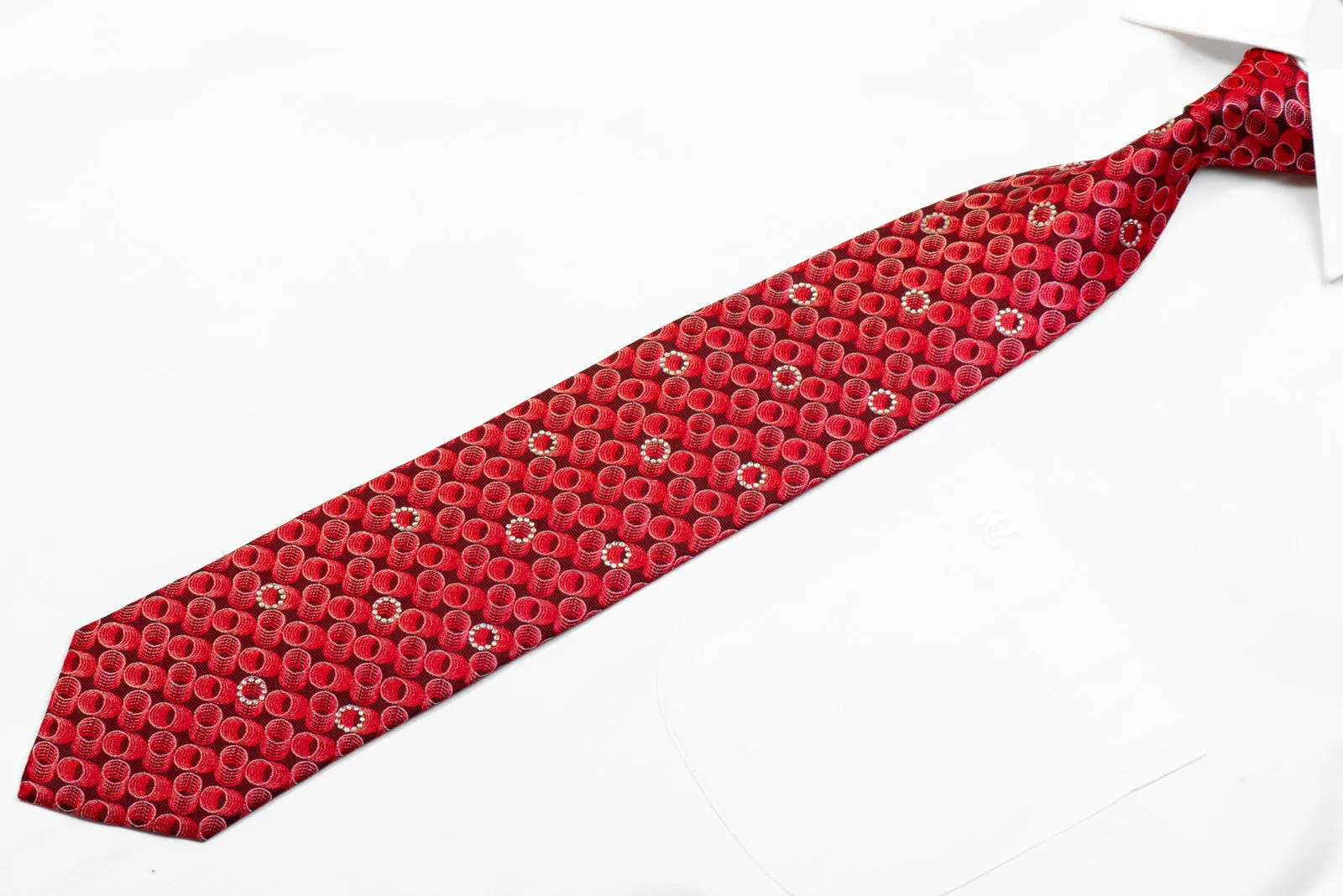 Christian Aujard Rhinestone Silk Necktie Silver Geometric Circles On Red Black