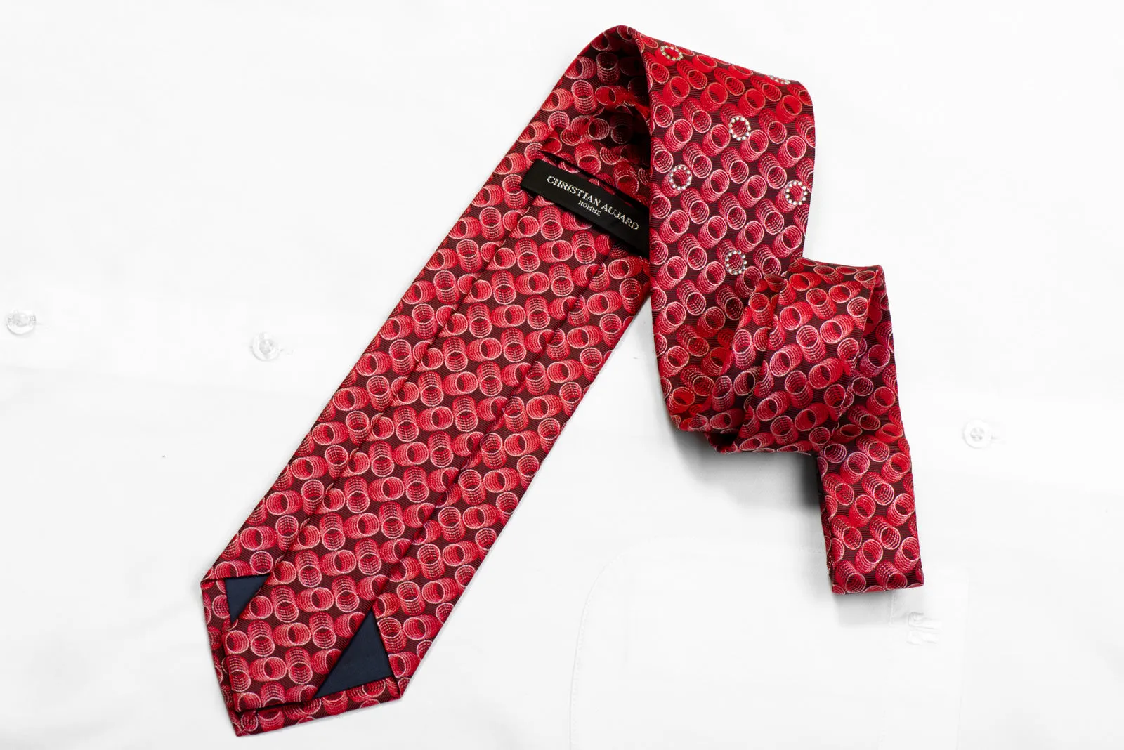 Christian Aujard Rhinestone Silk Necktie Silver Geometric Circles On Red Black