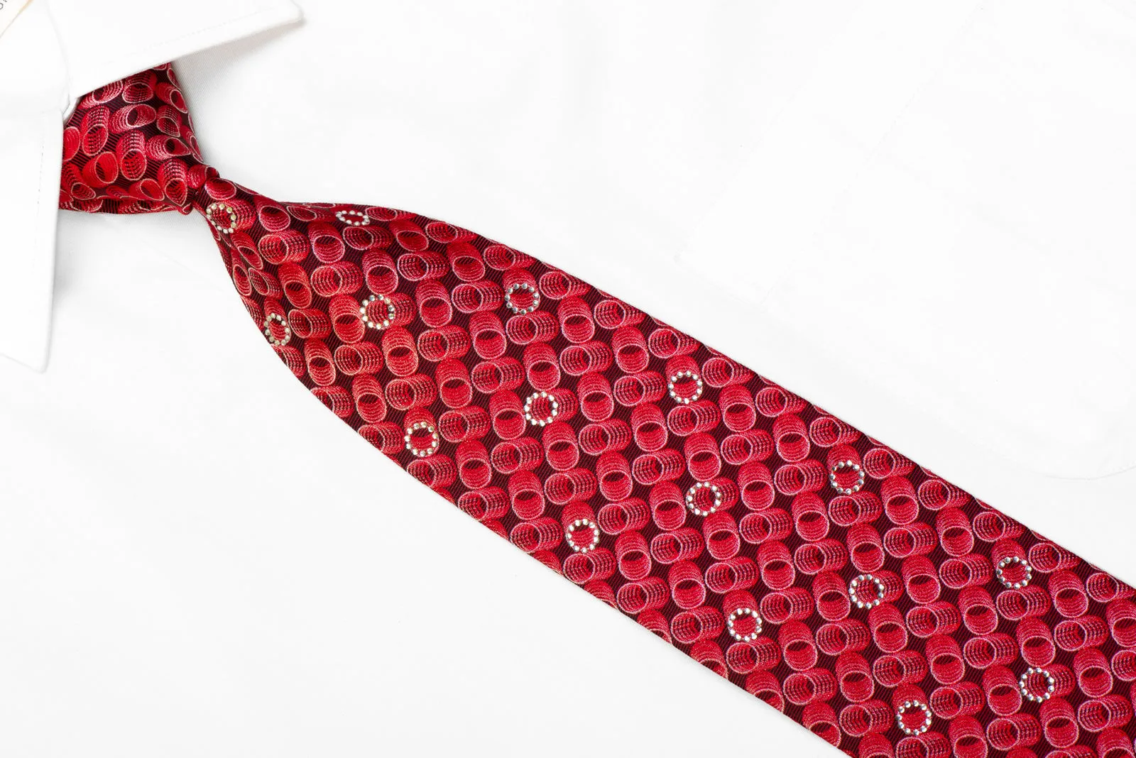 Christian Aujard Rhinestone Silk Necktie Silver Geometric Circles On Red Black