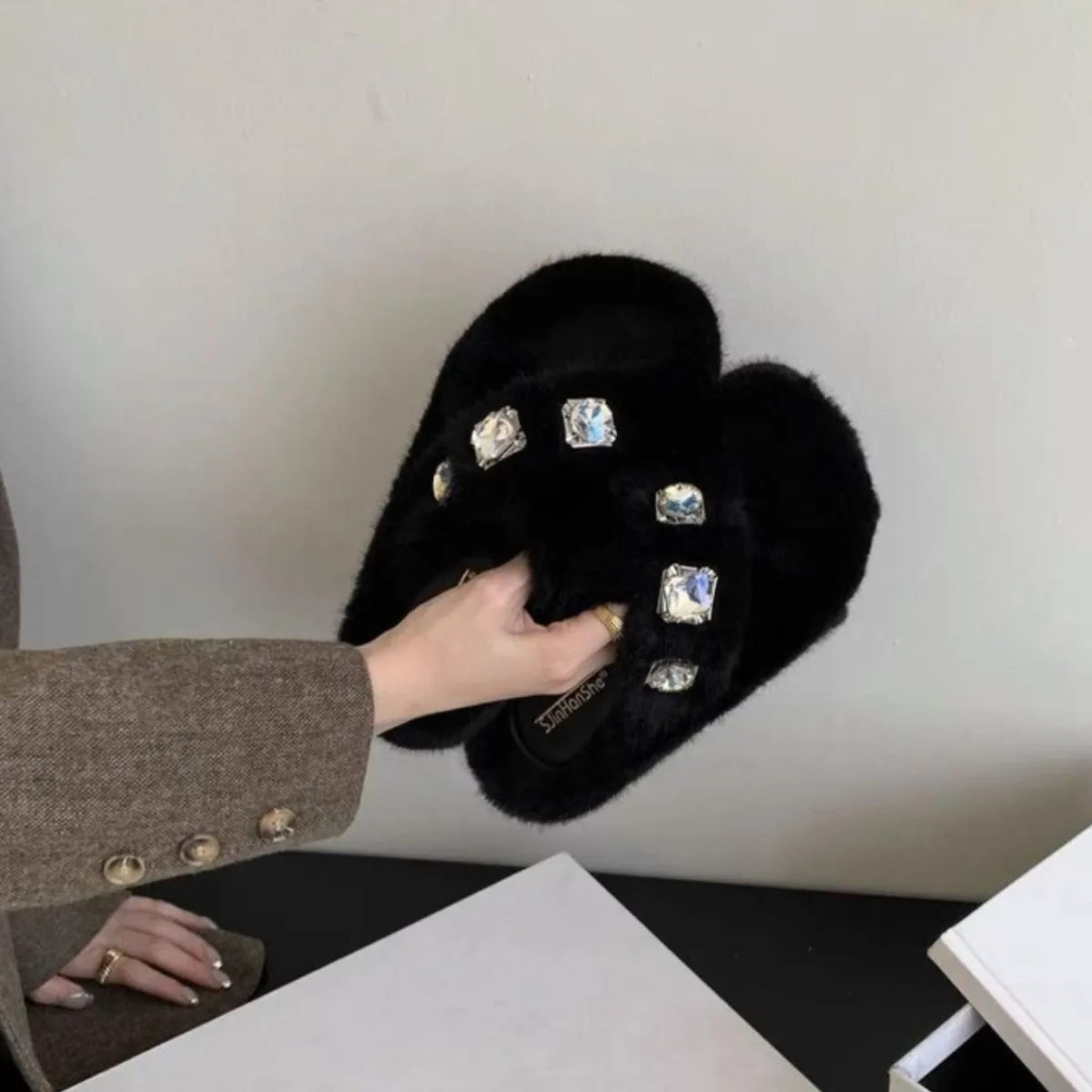 Crisscross Rhinestone Trim Open Toe Slippers