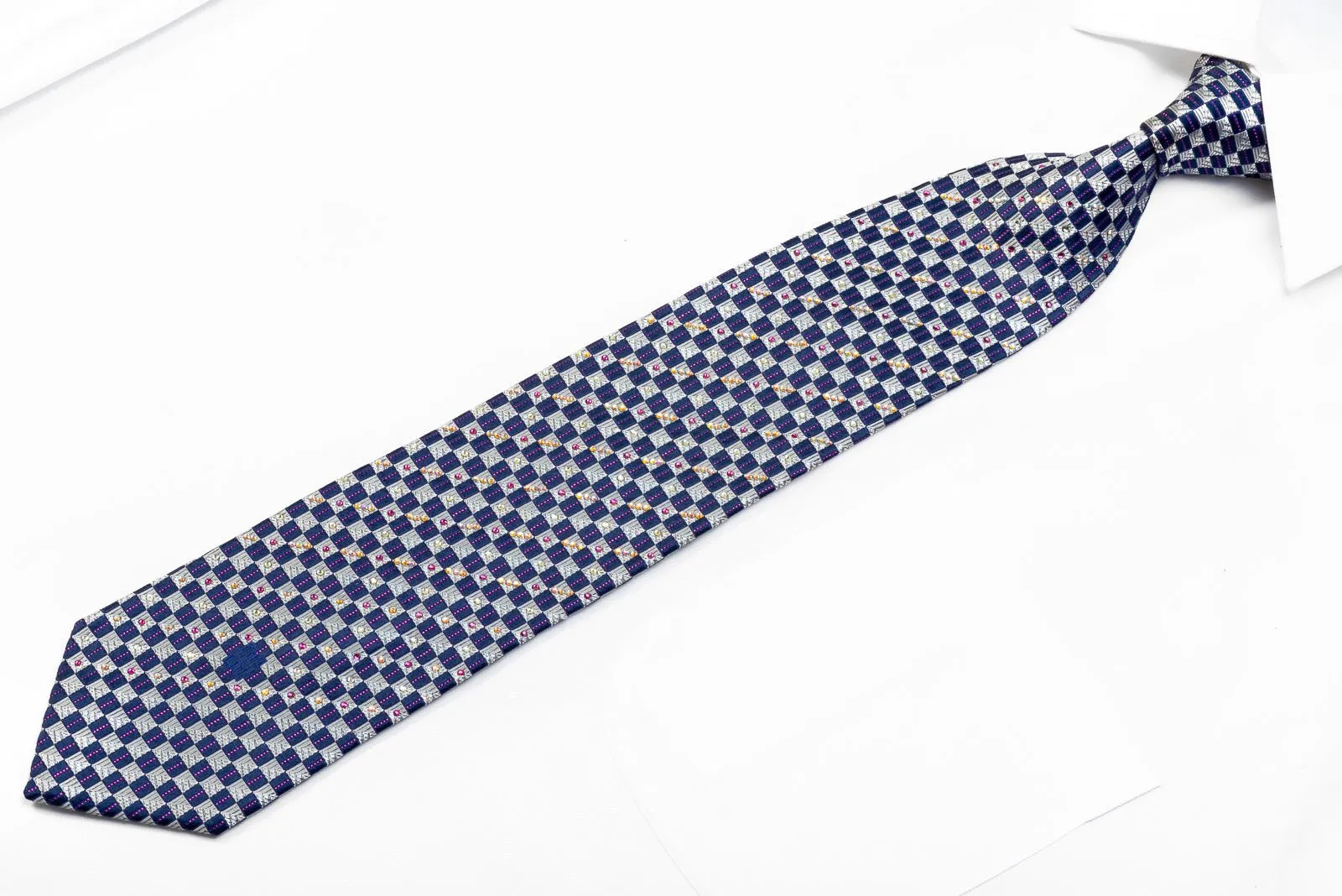Daks Men's Crystal Rhinestone Necktie Blue Silver Checkered With Purple Sparkles
