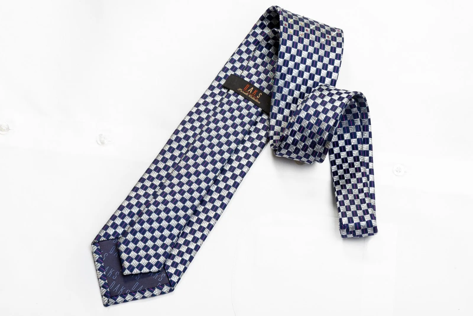 Daks Men's Crystal Rhinestone Necktie Blue Silver Checkered With Purple Sparkles