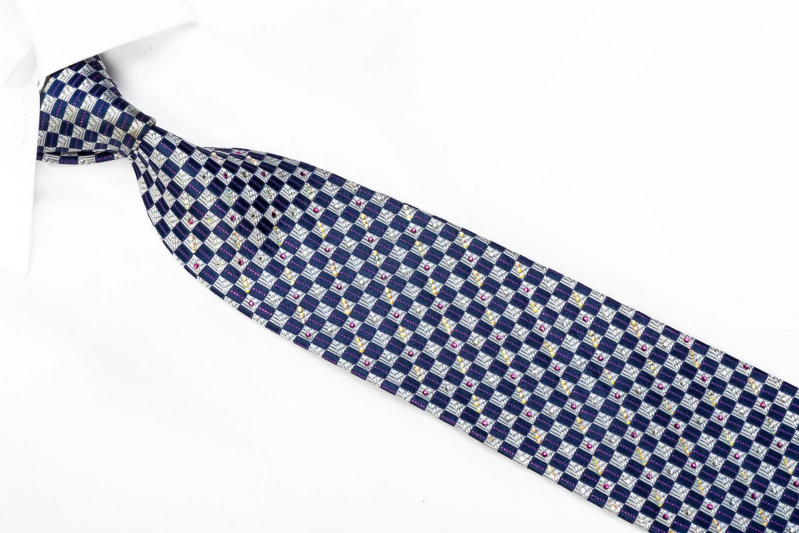 Daks Men's Crystal Rhinestone Necktie Blue Silver Checkered With Purple Sparkles