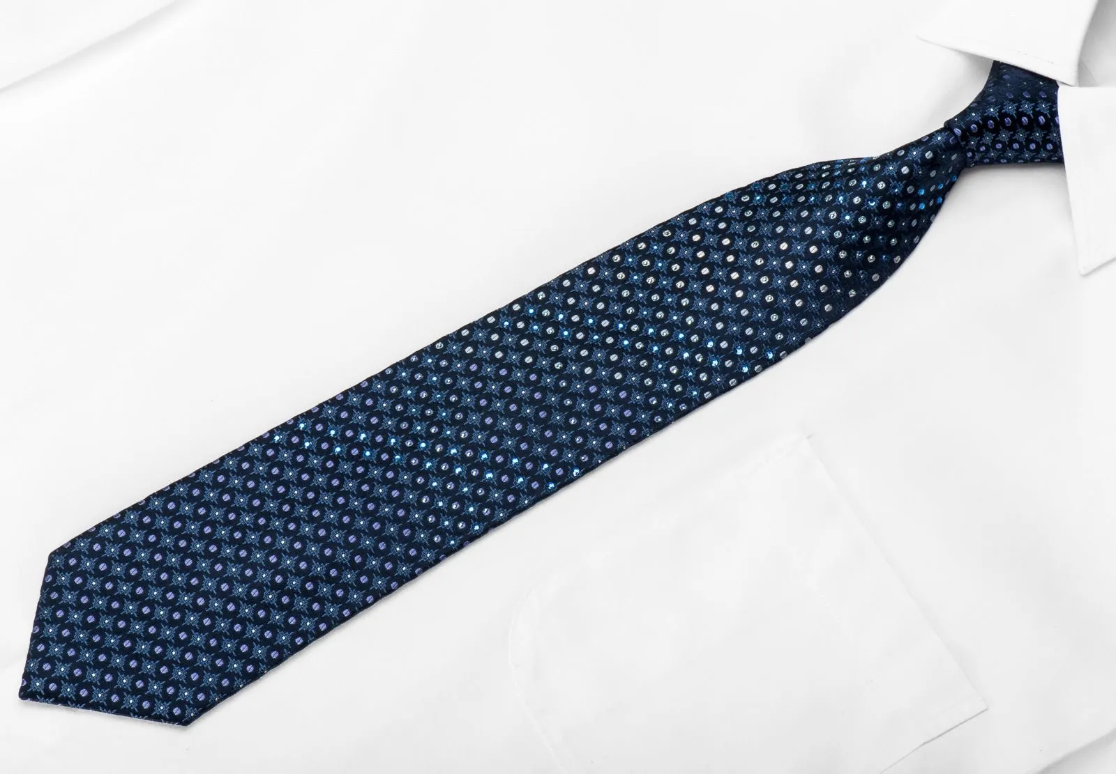 Daniel Hechter Mens Crystal Rhinestone Silk Tie Geometric On Blue With Silver Sparkles