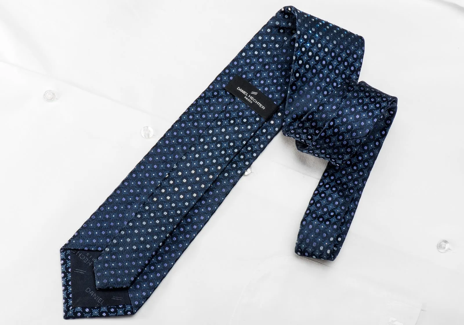 Daniel Hechter Mens Crystal Rhinestone Silk Tie Geometric On Blue With Silver Sparkles