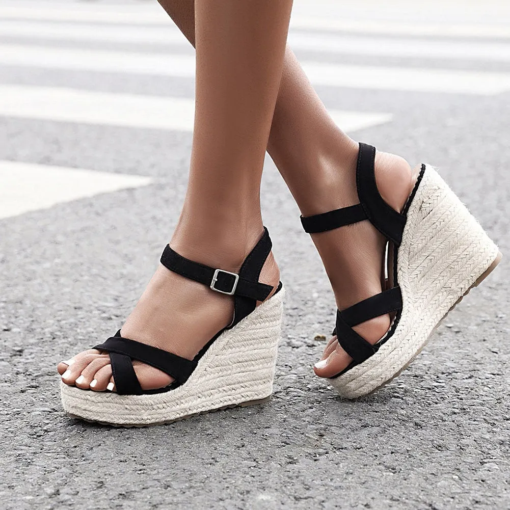 Doratasia 2020 dropship big size 43 leisure straw platform wedges high heels ankle-strap women sandals female summer shoes woman