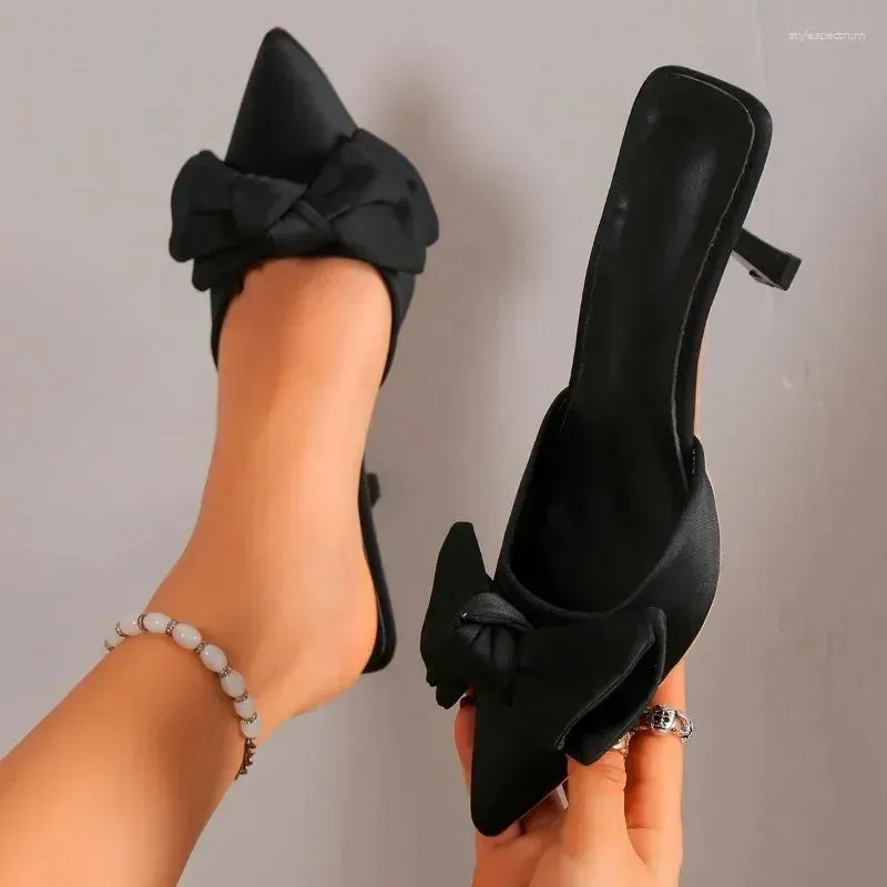 Dress Shoes  Summer Women's Fashionable Pointed Toe Shallow Mouth Bow Sexy Thin Heel Casual Large Size High Slippers