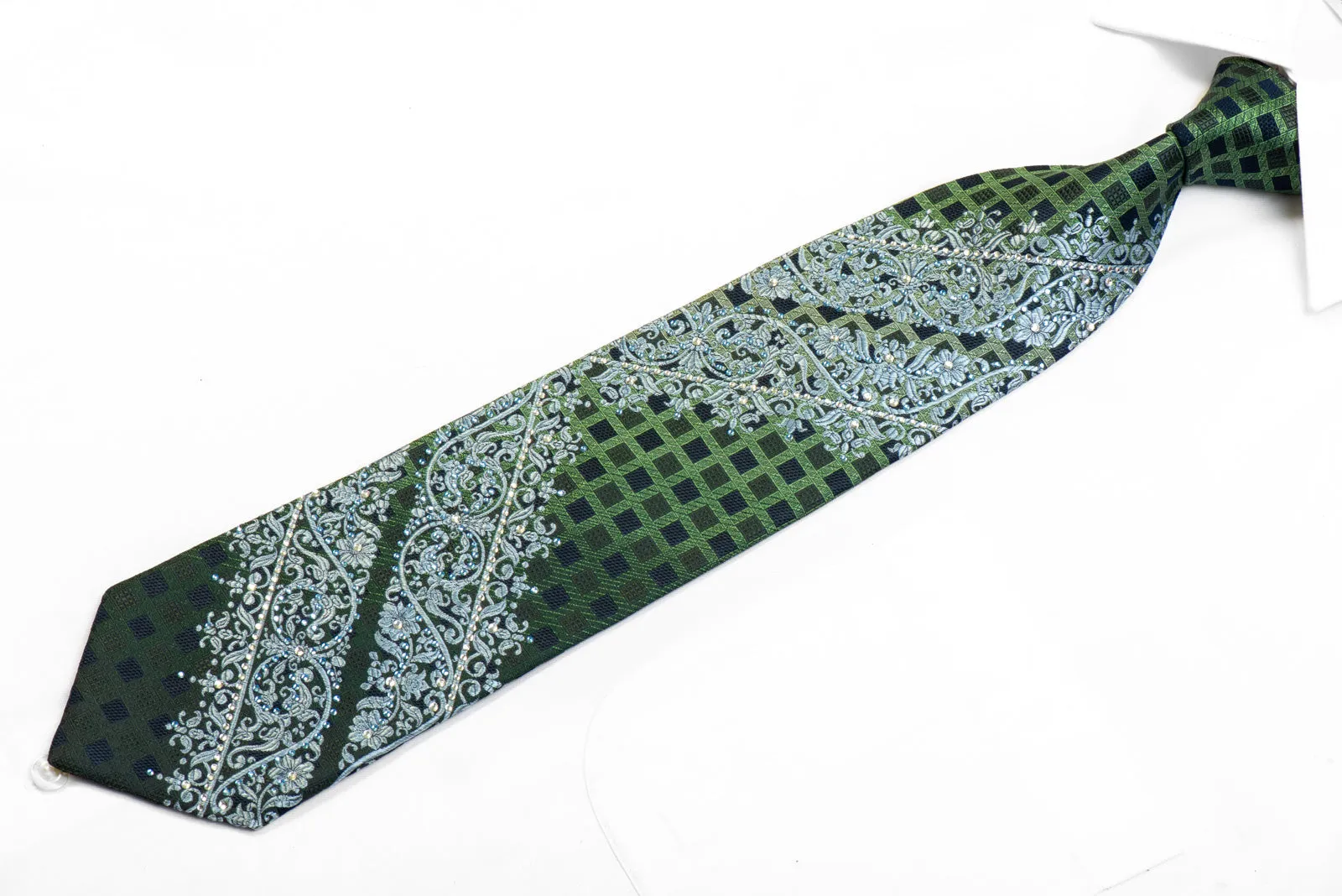 Elle Homme Rhinestone Tie Silver Cartouche On Green Navy Trellis