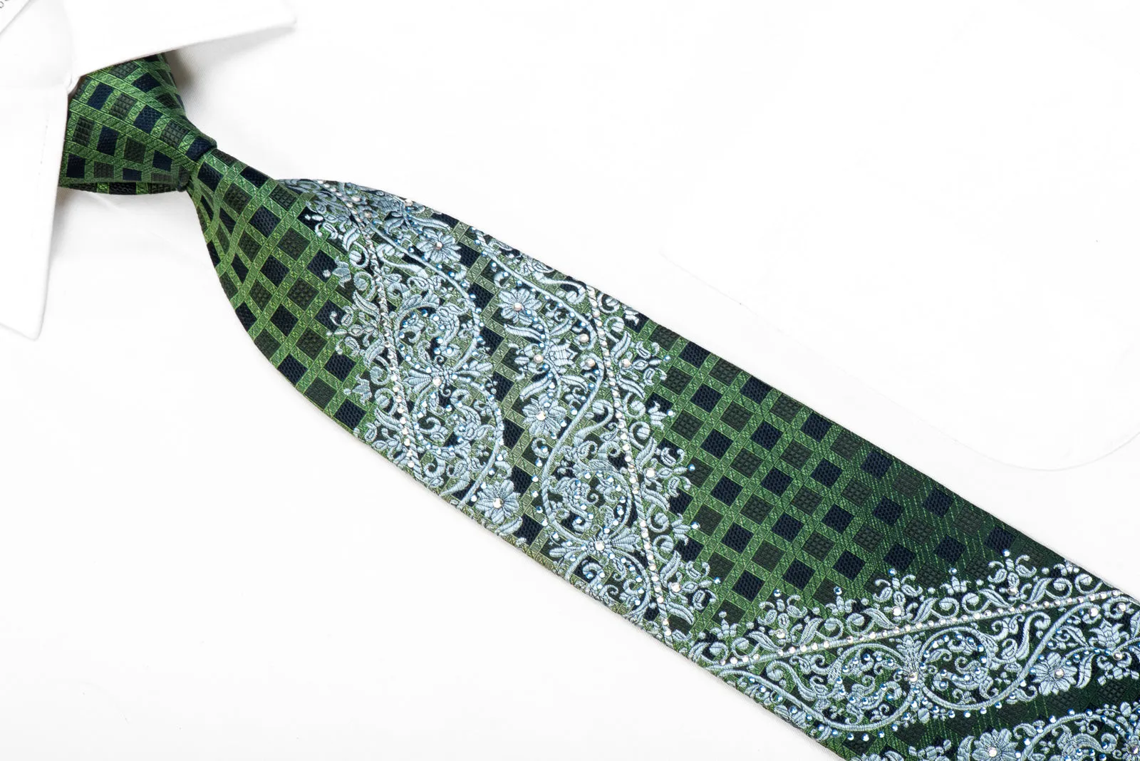 Elle Homme Rhinestone Tie Silver Cartouche On Green Navy Trellis