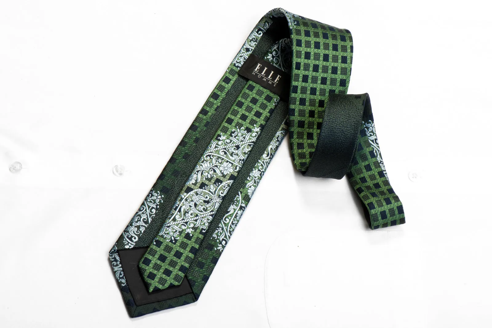 Elle Homme Rhinestone Tie Silver Cartouche On Green Navy Trellis