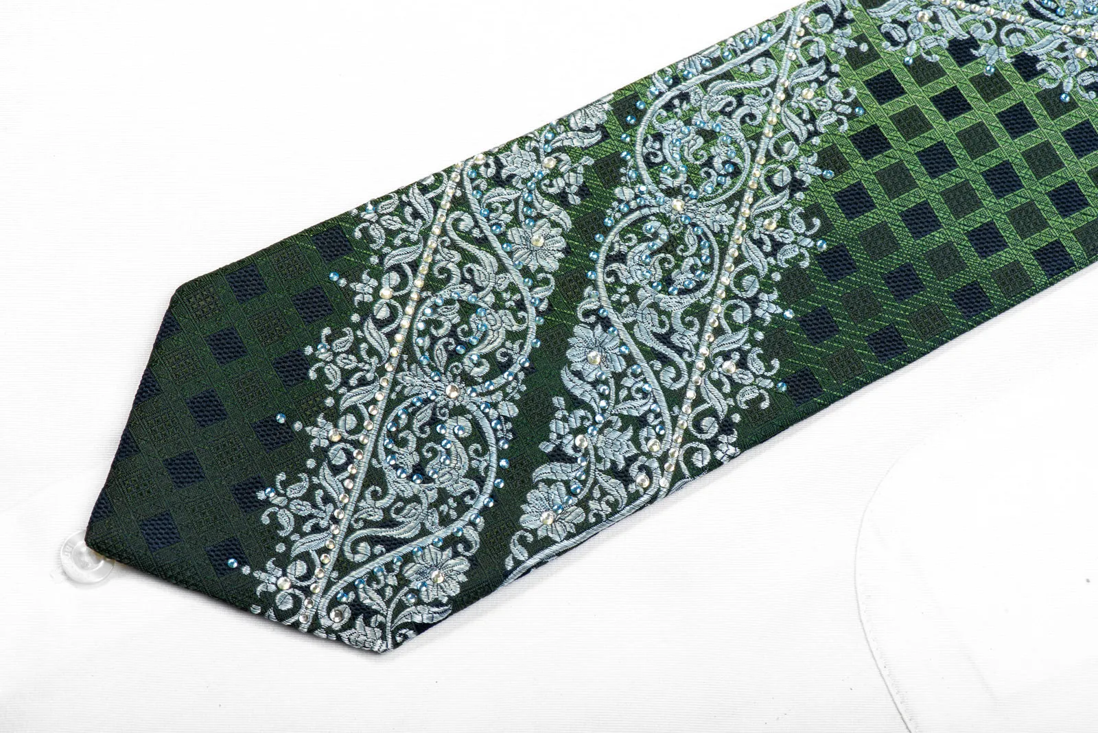 Elle Homme Rhinestone Tie Silver Cartouche On Green Navy Trellis