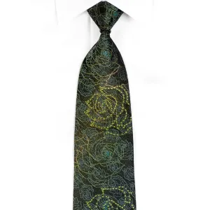 Elle Homme Silk Rhinestone Necktie Green Floral Roses On Black With Gold Sparkles