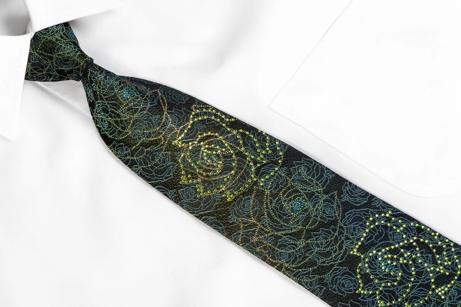 Elle Homme Silk Rhinestone Necktie Green Floral Roses On Black With Gold Sparkles