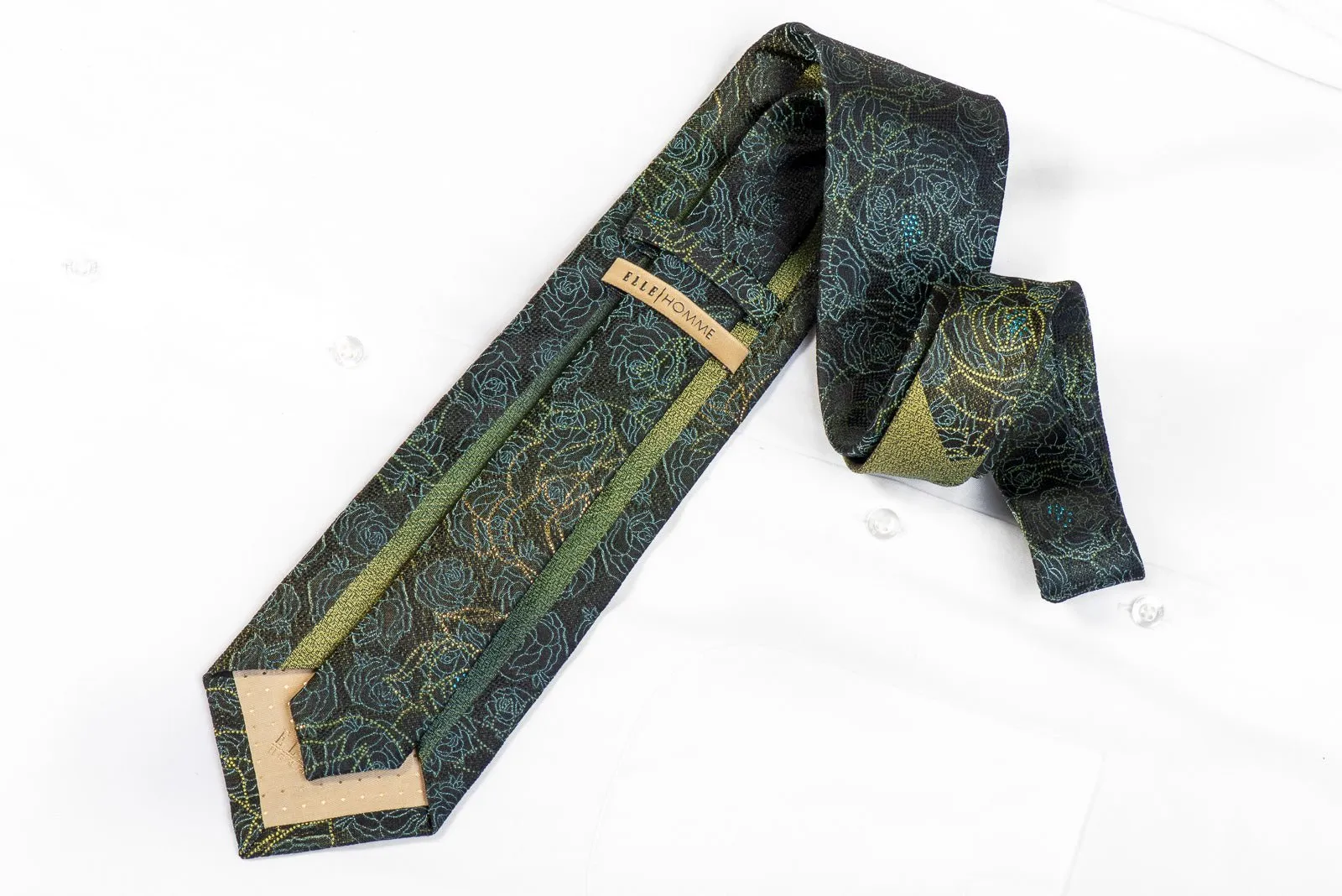 Elle Homme Silk Rhinestone Necktie Green Floral Roses On Black With Gold Sparkles
