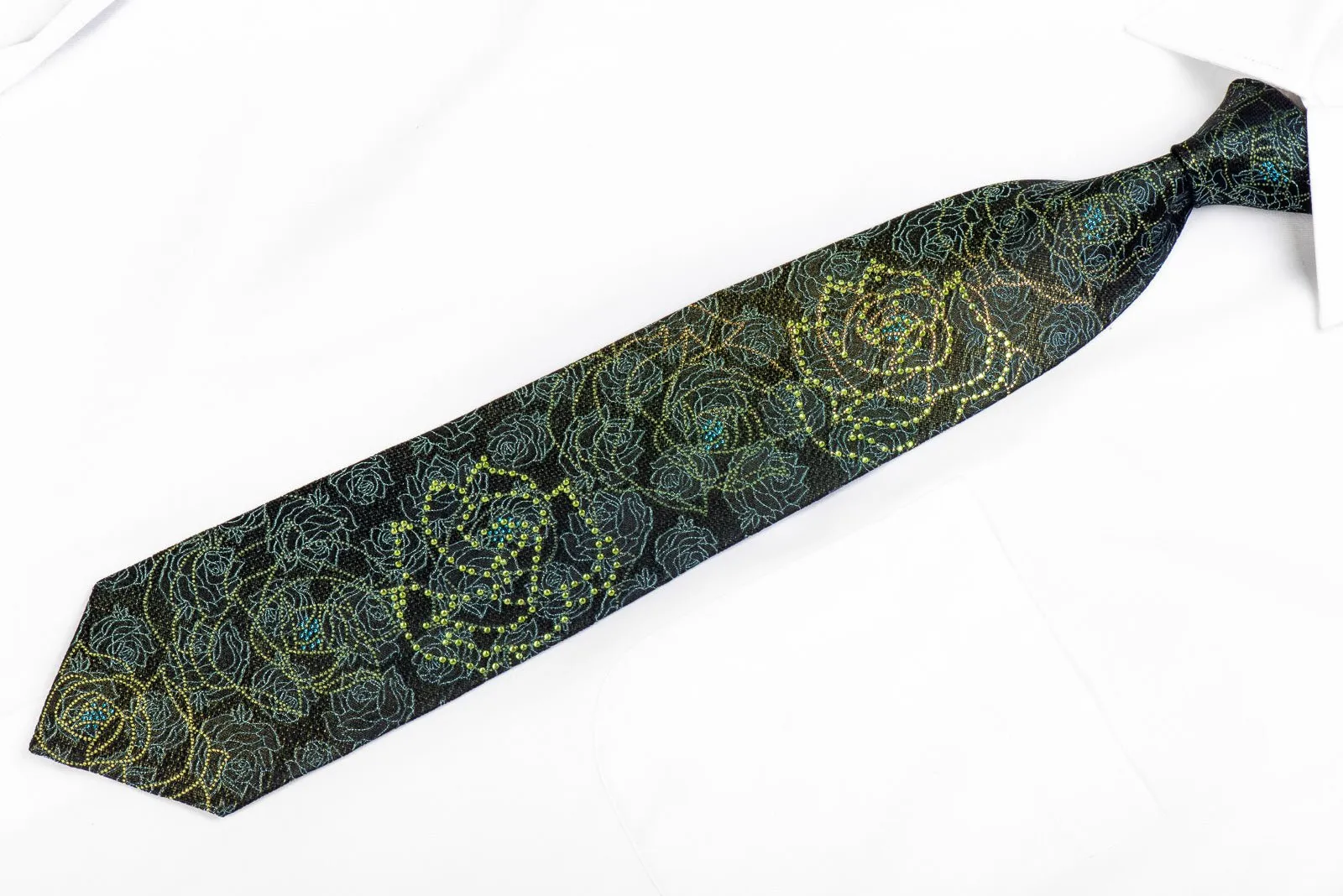 Elle Homme Silk Rhinestone Necktie Green Floral Roses On Black With Gold Sparkles