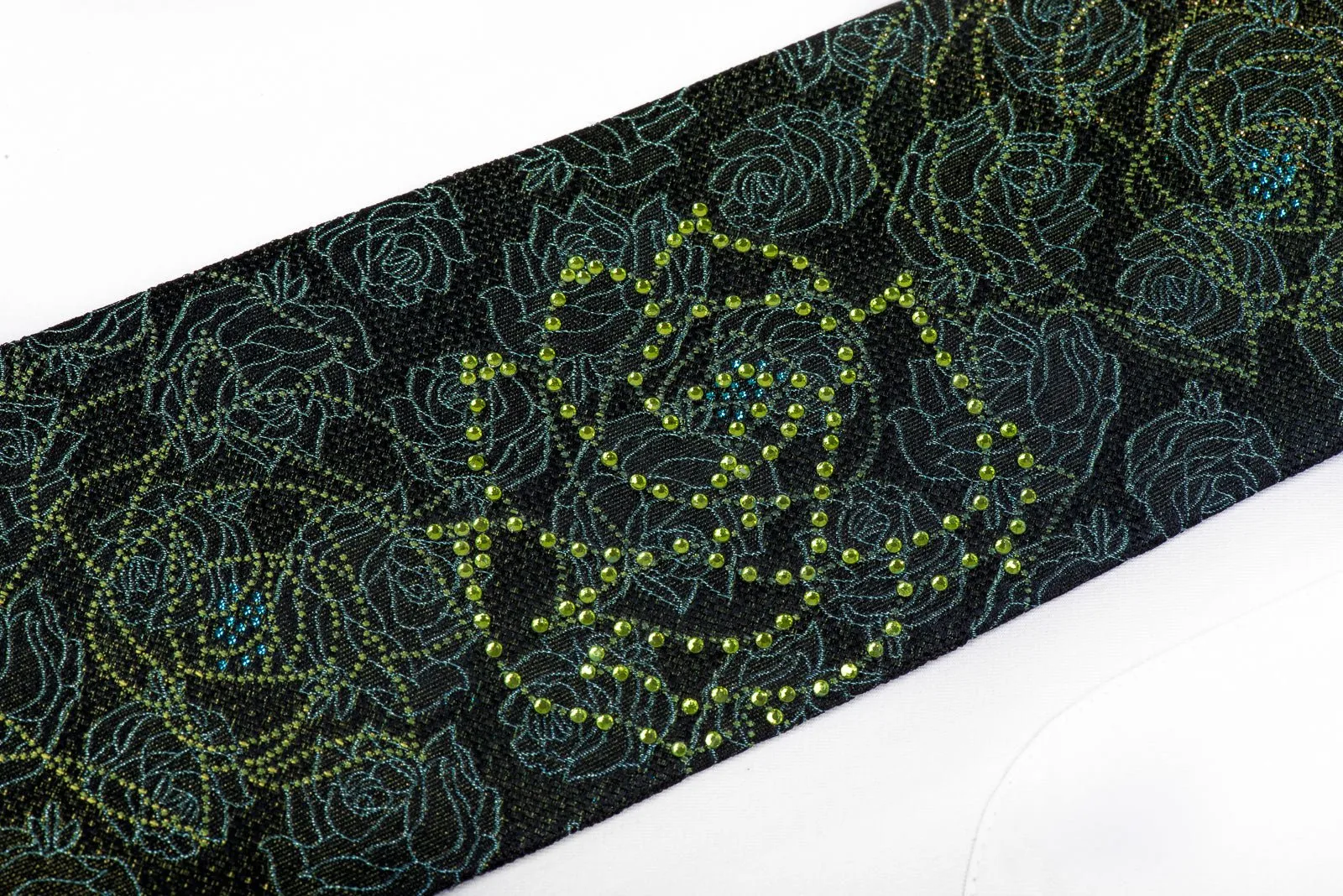 Elle Homme Silk Rhinestone Necktie Green Floral Roses On Black With Gold Sparkles