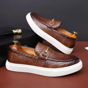 Embossed Leather Buckle Loafers: Luxury Men's Casual Slip-on Flats