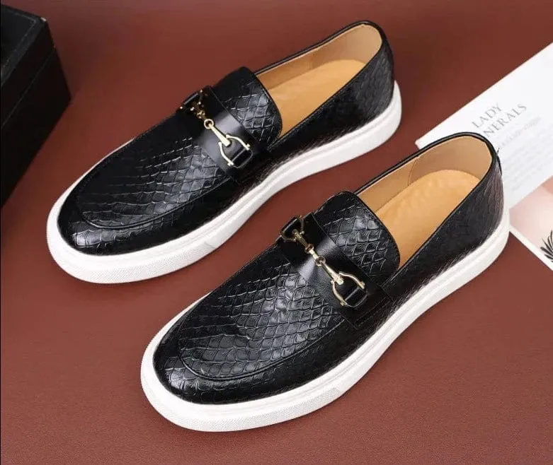 Embossed Leather Buckle Loafers: Luxury Men's Casual Slip-on Flats